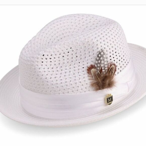 MONTIQUE MEN'S WHITE COLOR PINCH BRAIDED FEDORA WITH MATCHING SATIN RIBBON. H34 - Picture 1 of 4